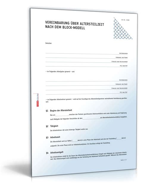 Sonderzahlungen, die nach herabsetzung der normalarbeitszeit fällig werden, sind anteilig auf basis der in den. Vereinbarung von Altersteilzeit (Block-Modell) | Muster ...