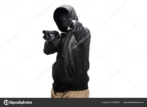 Criminal Man Hidden Mask Hold Shotgun Pointing Something Isolated White