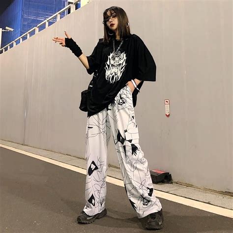 Harajuku Style Dark Black Graffiti Pants White L In 2021 Harajuku Fashion E Girl Outfits