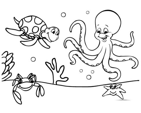 Free Easy To Color Preschool Cute Ocean Animals Coloring