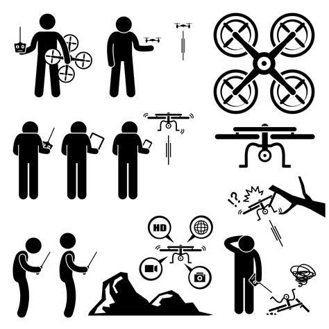 Man Controlling Flying Drone Quadcopter Stick Figure Pictogram Icons