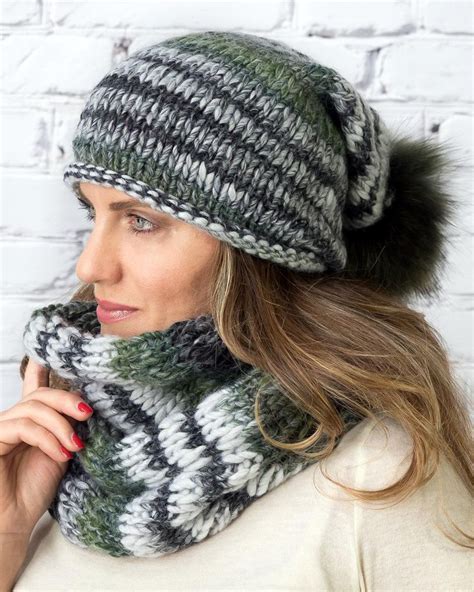Gray winter hat with pompom and infinity scarf hand knitted | Etsy ...