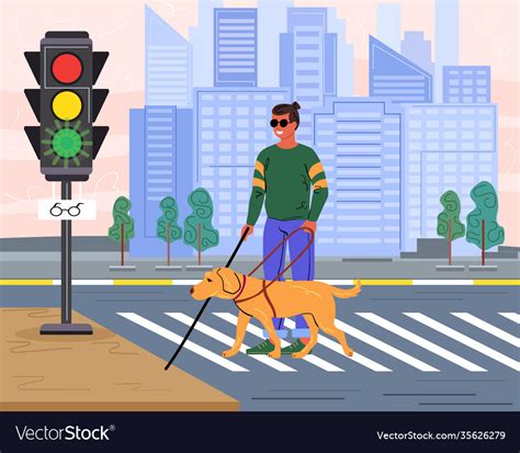 Blind Man And His Dog On A Pedestrian Crossing Vector Image