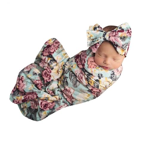Lovely Blue Floral Swaddle Blanket And Headband Set Baby Sleeping