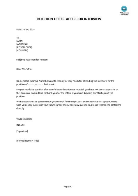 Rejection Letter Following Job Interview Templates At Allbusinesstemplates Com