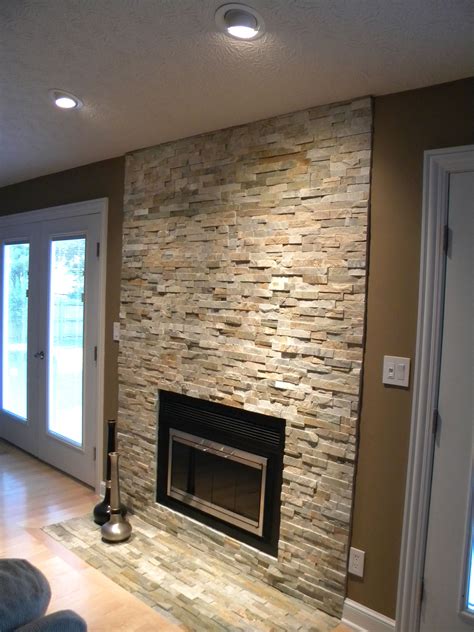 Stone veneer fireplace