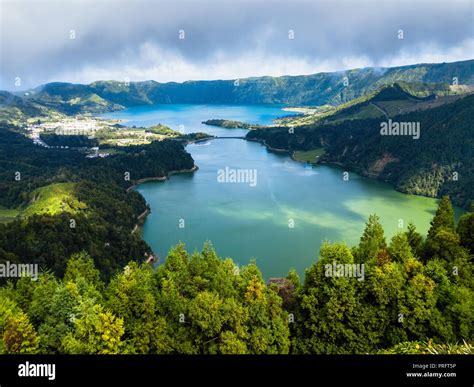 Lagoa Verde And Lagoa Azul Lakes In Sete Cidades Volcanic Craters On