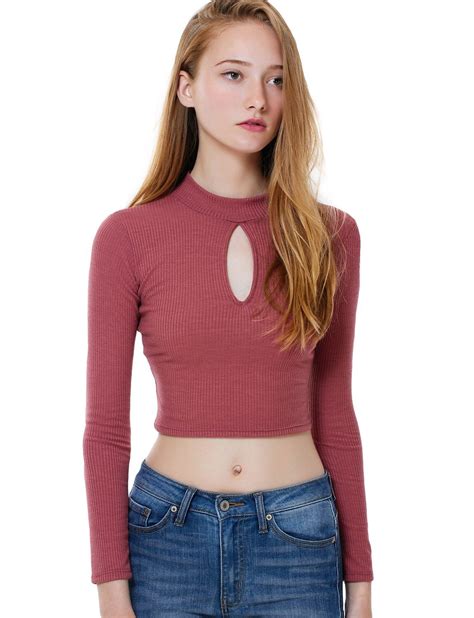Slim Fit Ribbed Keyhole Mock Neck Crop Top Clearance Crop Tops