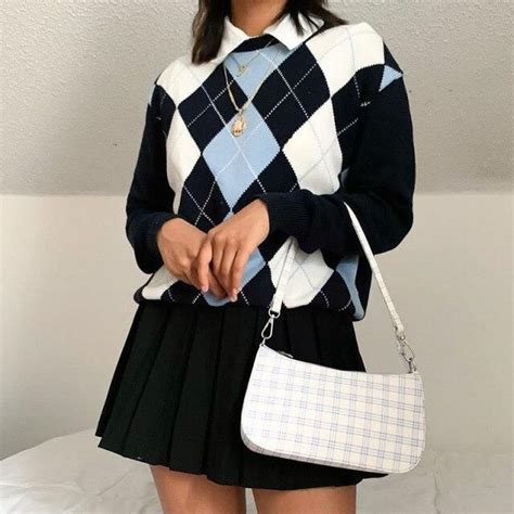 Argyle Plaid Y2k Jumper Women Vintage Autumn Aesthetic 90s Preppy