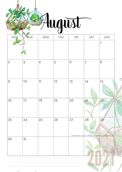 August 2021 Calendar Plants Cute Freebies For You