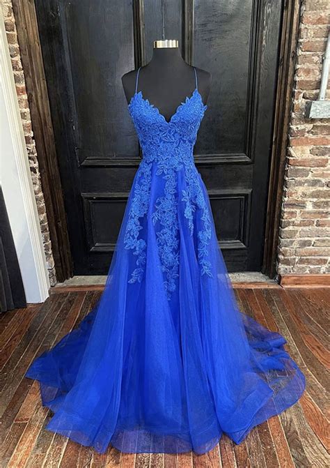 A Line V Neck Spaghetti Straps Sweep Train Tulle Prom Dress With Appliqued Prom Dresses Stacees