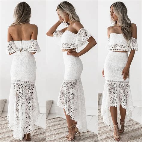 Sexy Women Party Suit Elegant Two Piece Sets Party Outfits White Lace
