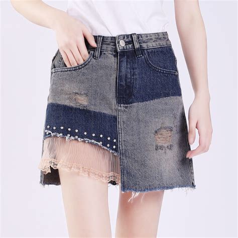 Summer Spring Fashion Women Lace Patchwork Rivets Ripped Hole Tassel Denim Skirt Fall Casual