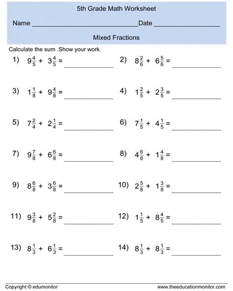 Fifth Grade Math Practice Worksheet Free Printable Math Worksheets