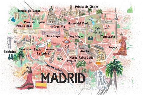 Madrid Spain Illustrated Travel Map With Roads Landmarks And Tourist
