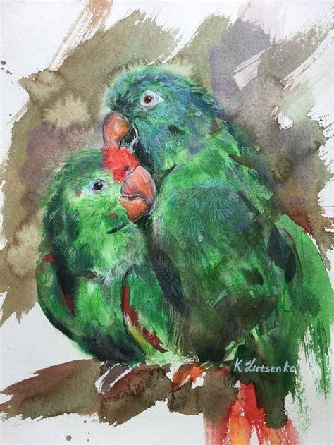 Parrots Green Bird Couple Watercolour Illustrative A4 Small Painting