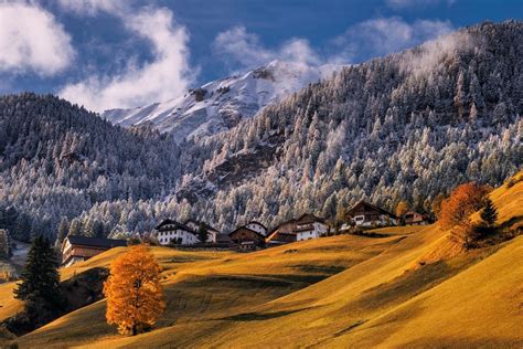 nature, Landscape, Mountains, Forest, Snowy Peak, Fall, Village, Dry Grass, Morning, Sunlight ...