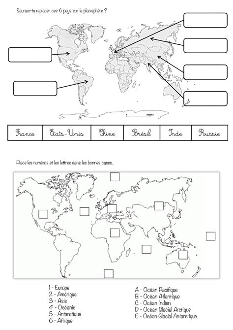 Carte Des Continents Et Océans à Compléter Cm1 La Galerie