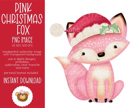 Christmas Fox Png Pink Fox Sublimation Design Watercolor Fox Clipart
