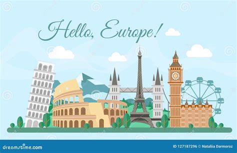 Vector Illustration Welcome Europe Greeting Card Poster With Famous
