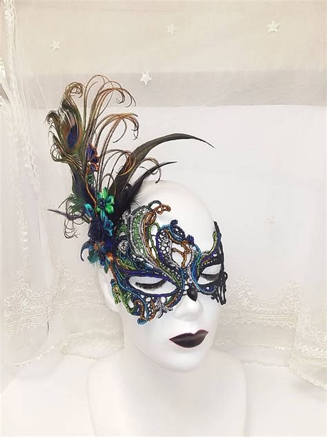 Black Lace Masquerade Mask With Feathers And Flowersbeaded Etsy