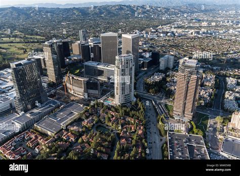 Los Angeles Century City Skyline Aerial View With Beverly Hills And The