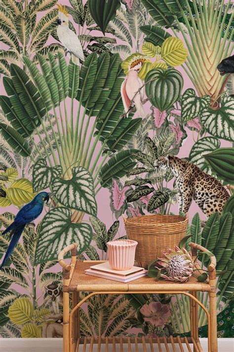 Pink Jungle Wallpaper Wild Animals Wall Mural Wall Mural Etsy