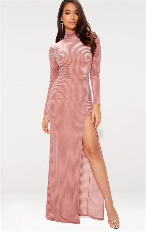 Dusty Pink High Neck Long Sleeve Extreme Split Maxi Dress