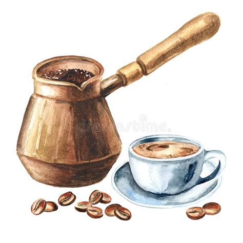 Cezve Coffee Maker Coffee Beans And Mug With Beverage Watercolor Hand