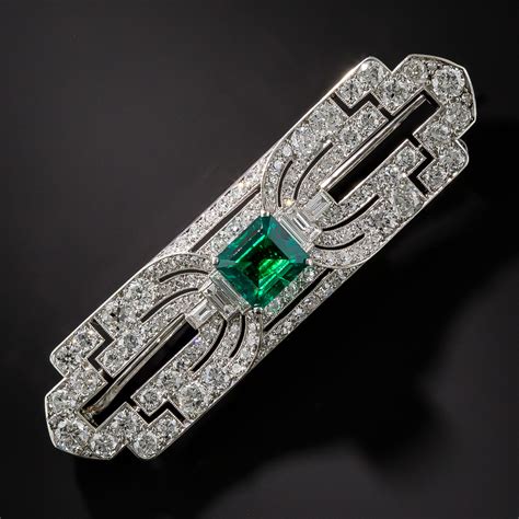 Platinum Gem Emerald And Diamond Art Deco Brooch