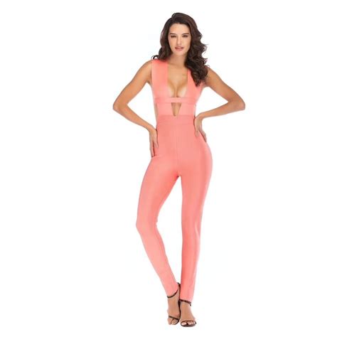 2018 elegant good quality sexy pink sleeveless bodycon celebrity bandage jumpsuit v neck fahsion