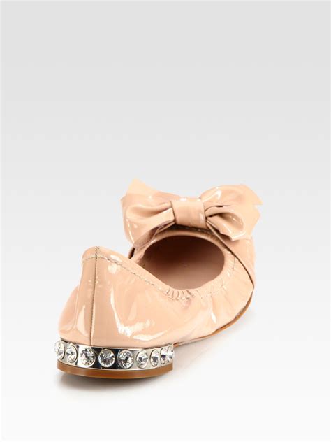 Lyst Miu Miu Glitter Patent Leather Bow Ballet Flats In Natural