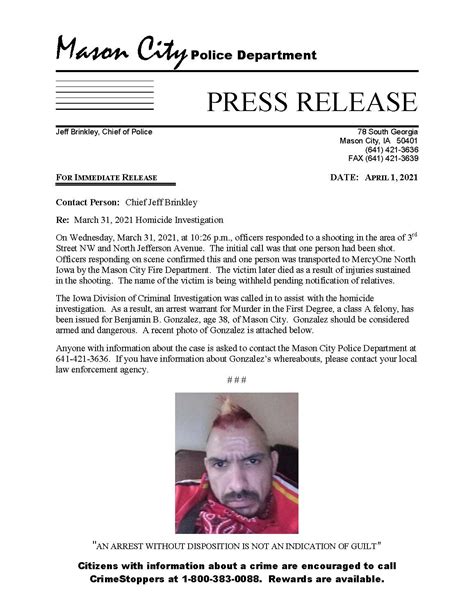 Mason City Homicide Investigation Issues Arrest Warrant Seeks Suspect Iowa Department Of