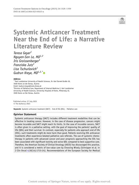 Pdf Systemic Anticancer Treatment Near The End Of Life A Narrative