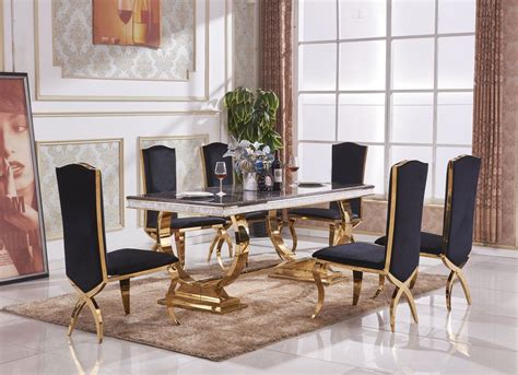 Check out our gold dining room selection for the very best in unique or custom, handmade pieces from our shops. Marble Dining Table Gold Accents Frame with 6 Matching Chairs - Proces - Modernique