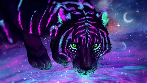Black And Purple Tiger Painting Digital Art Tiger Stars Galaxy Hd