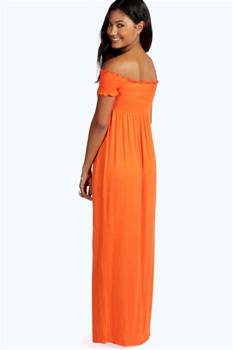 Boohoo Womens Sally Shirred Off The Shoulder Maxi Dress Ebay