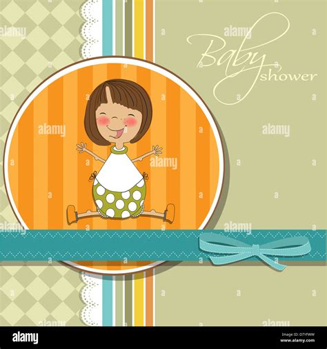 New Baby Girl Announcement Card With Little Girl Vector Illustration