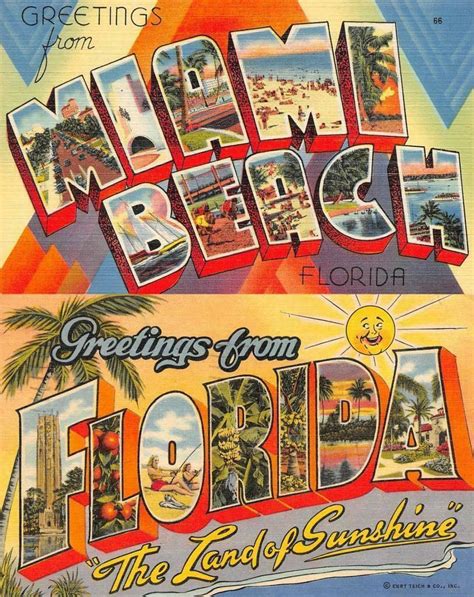 Two Large Letter Linens Florida And Miami Beach Greetings 2 Fl Postcards