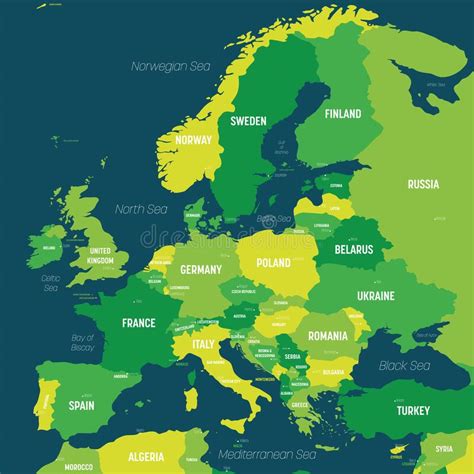 Europakarte Grüne Farbe Auf Dunklem Hintergrund Hohe Detaillierte Politische Landkarte Des