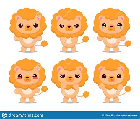 Set Cute Cartoon Lion With Different Emotions Stock Vector