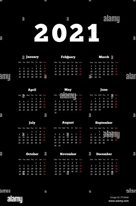 Calendar Of 2021 Year With Week Starting From Monday A4 Size Vertical