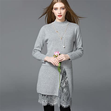 2018 autumn and winter new lace splicing sweater dress women elegant warm leisure autumn dresses