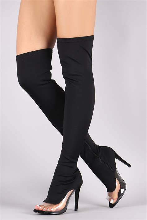 Thigh High Over Knee Open Peep Toe Clear High Heel Boots Black Imgpile
