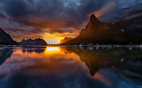 Mountain Reflection Sunset Lake Boat Norway Wallpapers Hd