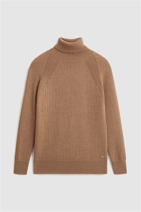 Womens Ribbed Turtleneck Sweater In Virgin Merino Wool Brown
