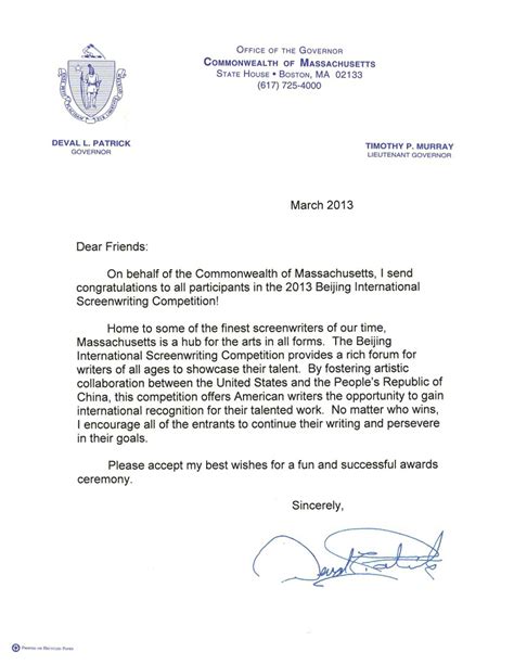 Congratulation Letters From Massachusetts Senator Warren Governor
