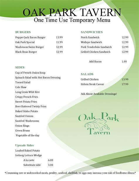 Menu Oak Park Tavern