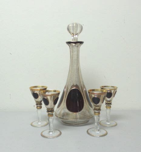 Stunning 5 Piece Moser Art Glass Ruby And Gilt Decorated Decanter And Cordial Set Ebay