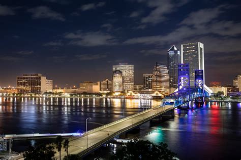 Jacksonville Florida City Skyline At Night Stock Photo Download Image